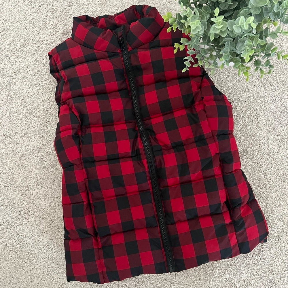 Red and Black Plaid Buffalo Check Puffer Vest
